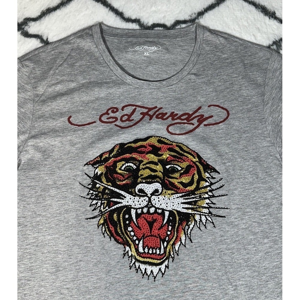 ED HARDY Rhinestone Retro Tiger Graphic T-Shirt Gray Men's Size XL *NEW* $85 - Picture 3 of 6